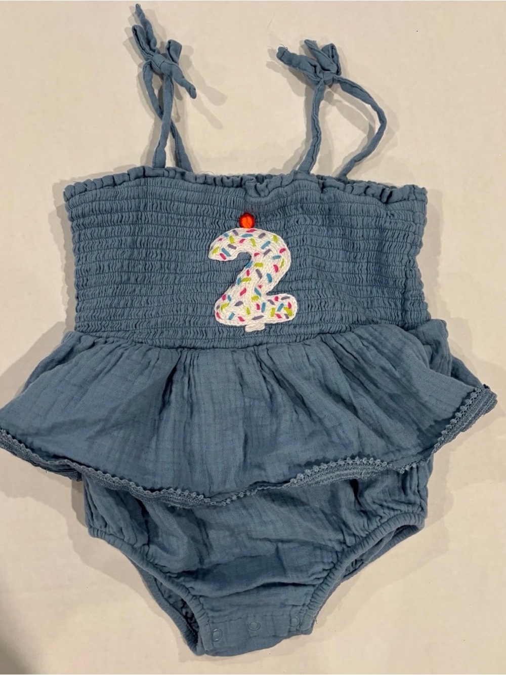 Baby Girl Hand Embroidered blue two 2nd Birthday candle confetti Romper dress